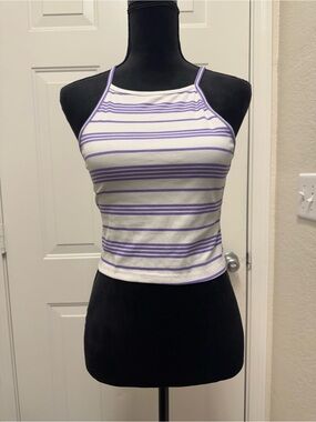 White & Lavender Striped Halter Crop Tank 0149
